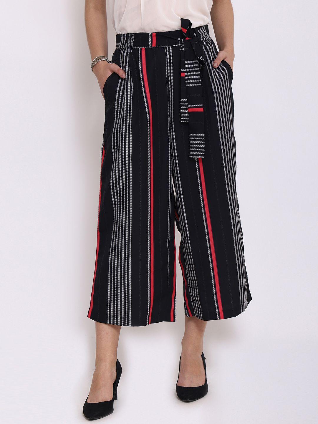 purys women navy blue & white smart loose fit striped culottes