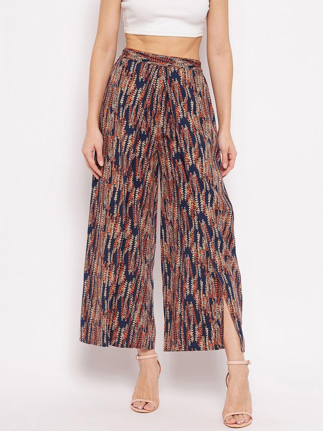 purys women navy blue printed relaxed flared pleated trousers