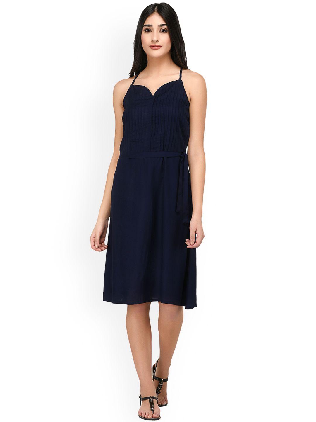 purys women navy blue solid fit and flare dress