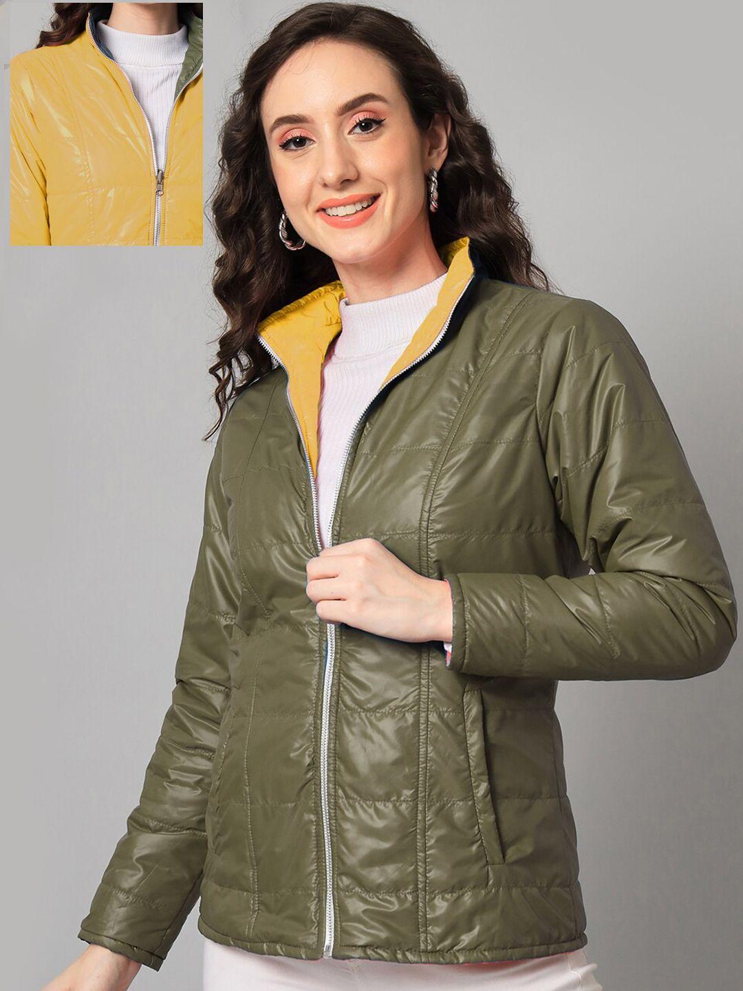 purys women olive green & mustard yellow reversible padded jacket