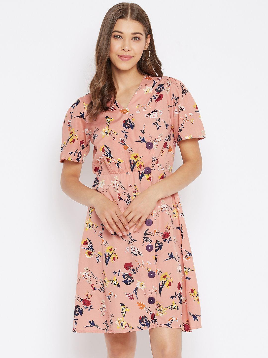 purys women peach-coloured & blue floral printed wrap dress