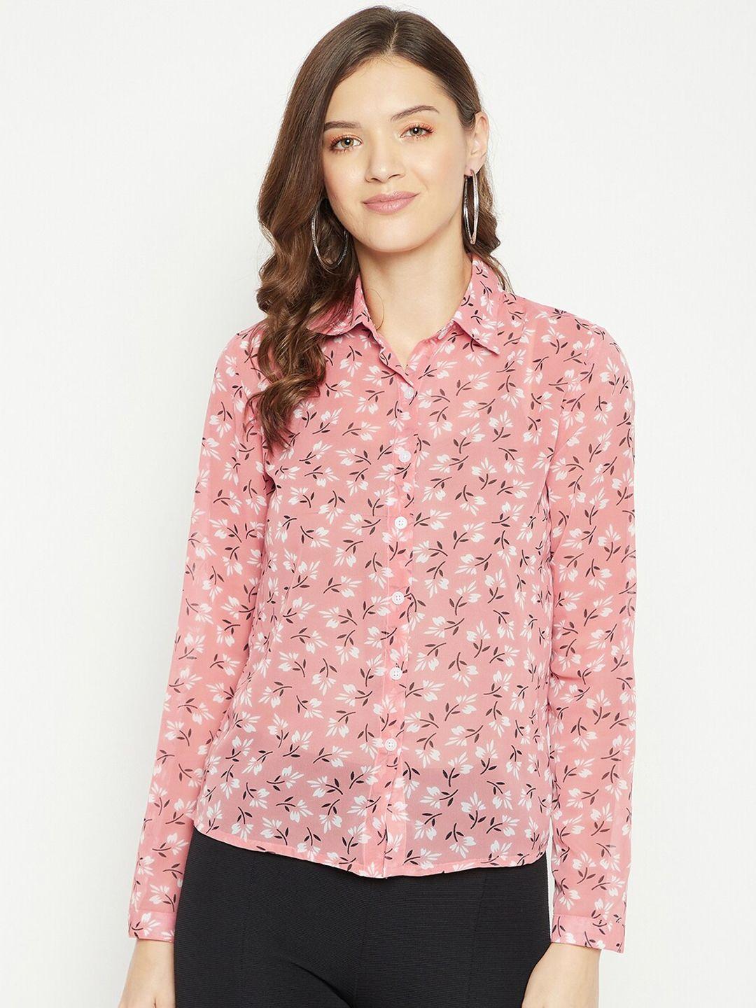 purys women pink smart floral semi sheer printed casual shirt