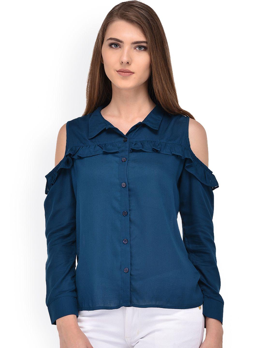purys women teal blue snug slim fit solid casual shirt