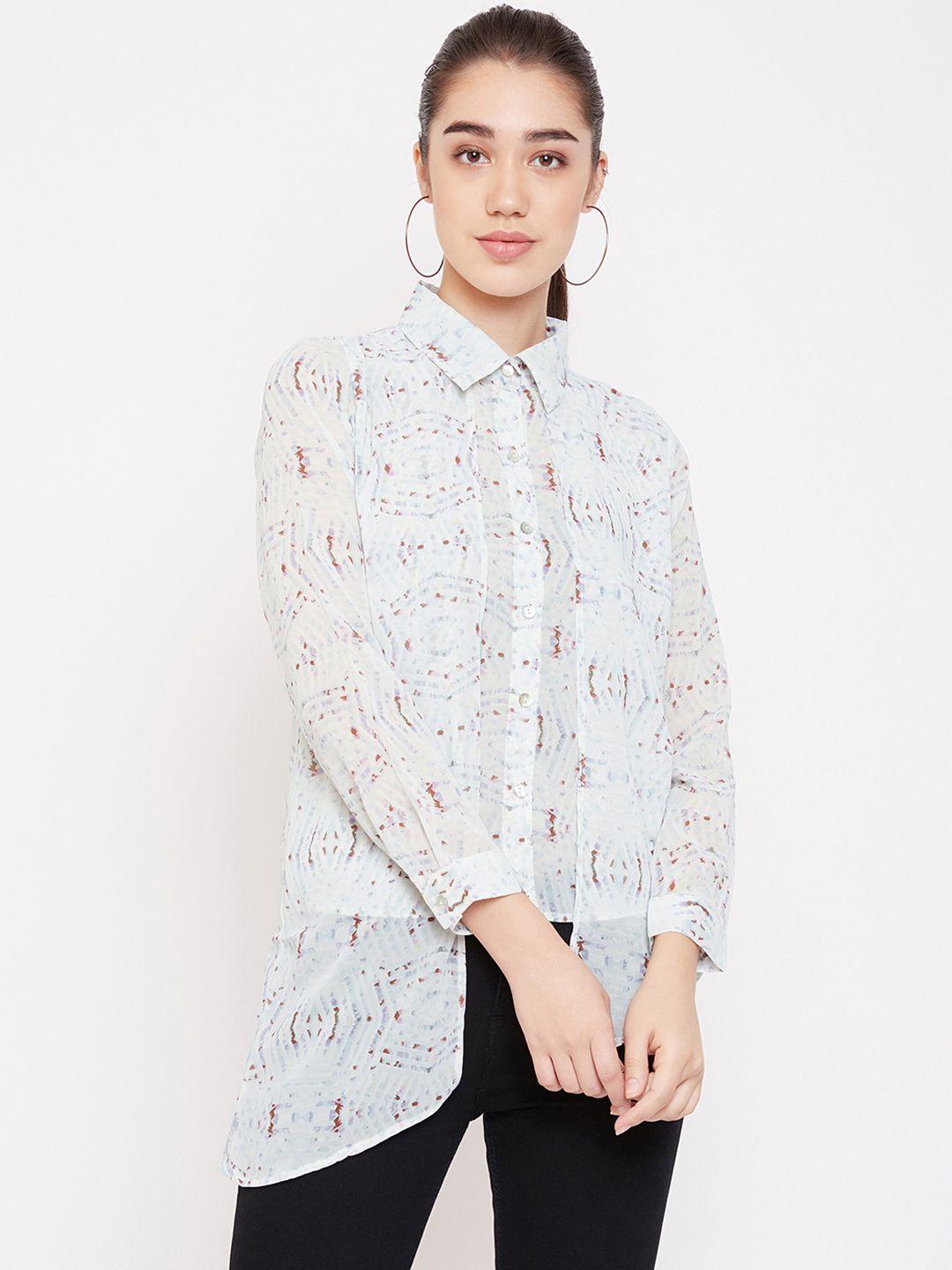 purys women white & blue regular fit printed casual shirt