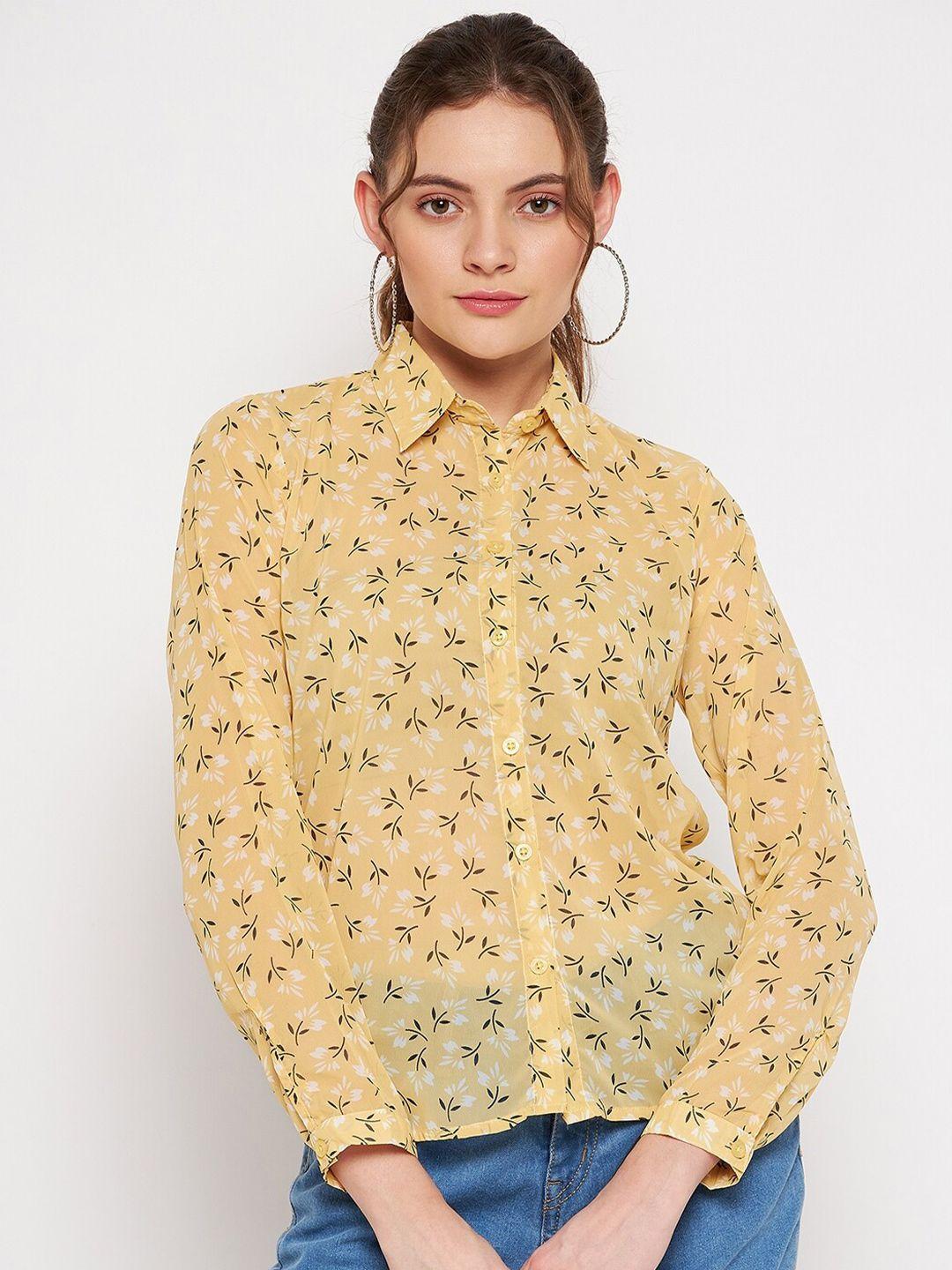 purys women yellow smart floral semi sheer printed casual shirt