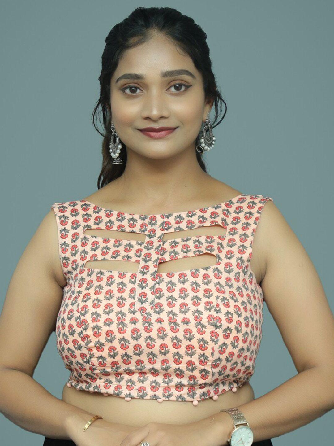 pushkara floral printed boat neck pure cotton saree blouse