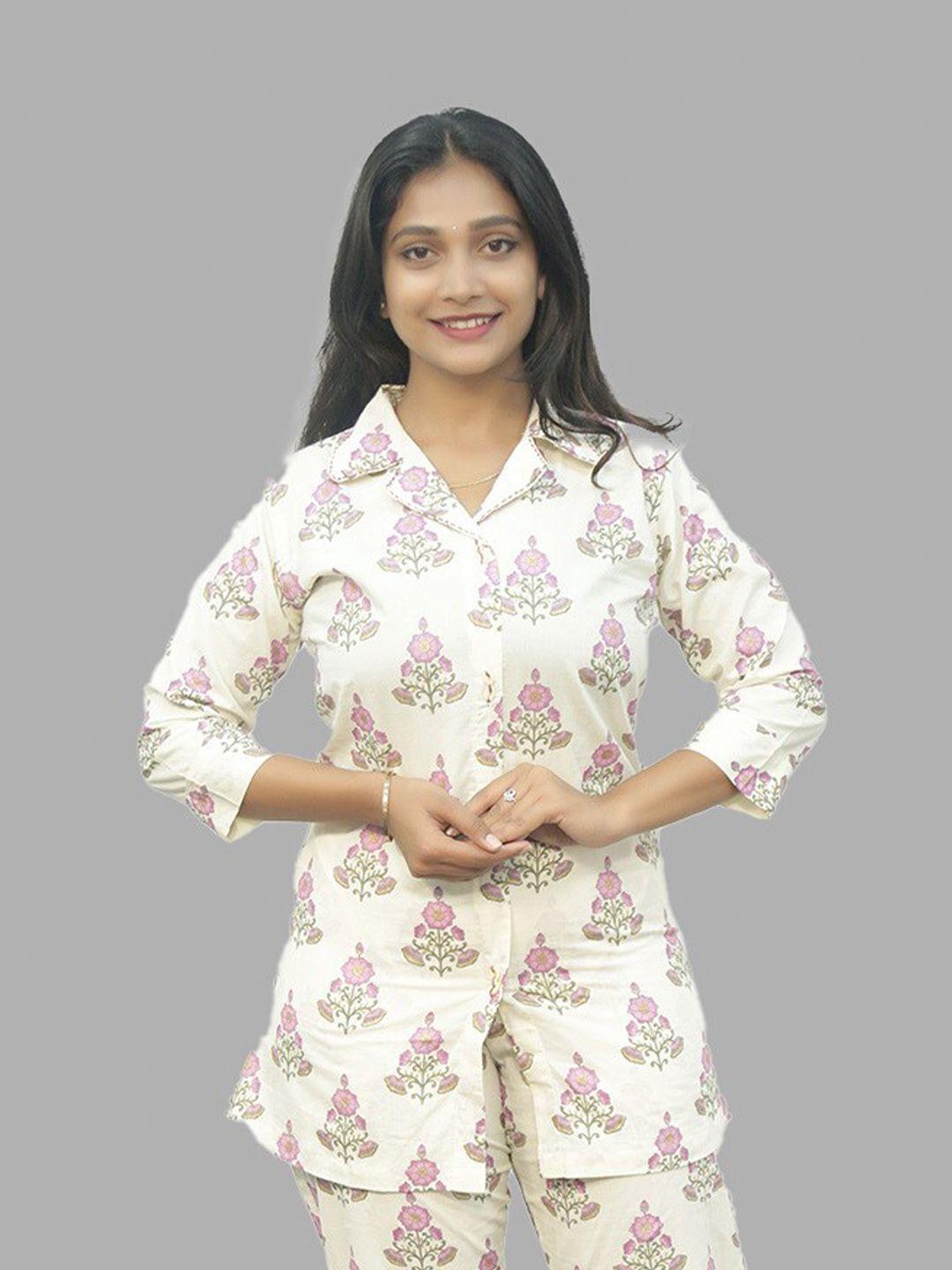 pushkara printed cotton notched lapel collar kurta set
