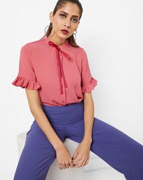 pussy-bow shirt top with flared sleeves