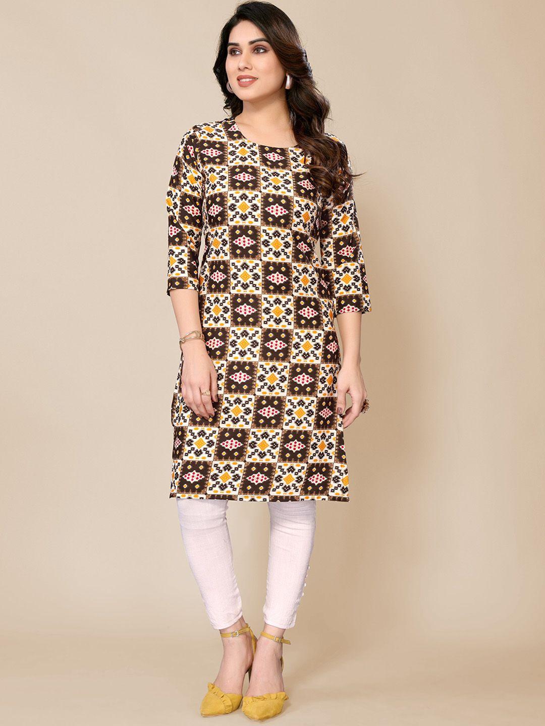 pyari - a style for every story women brown & yellow floral printed kurta