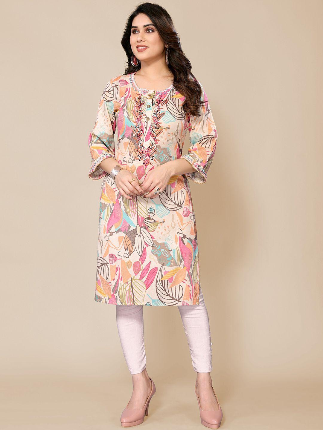 pyari - a style for every story floral embroidered round neck beads & stones kurta