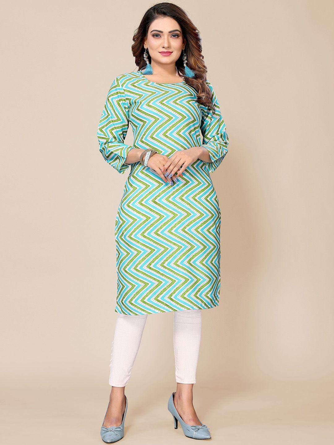pyari - a style for every story women blue & green chevron printed floral kurta