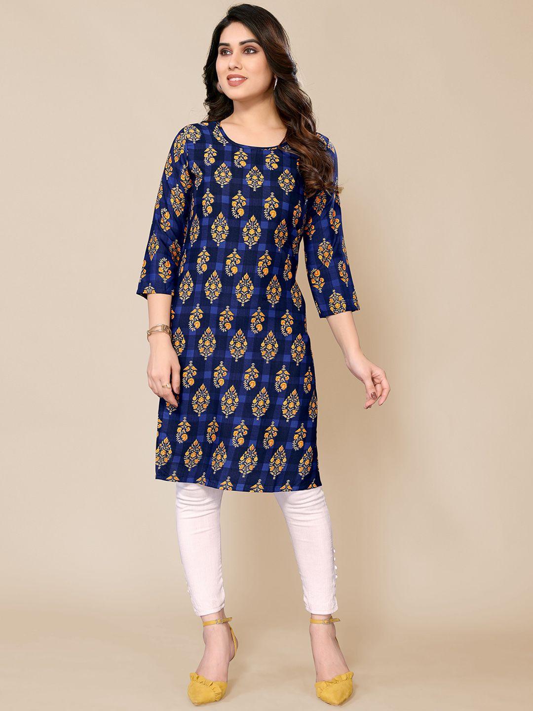 pyari - a style for every story women navy blue & blue floral printed kurta