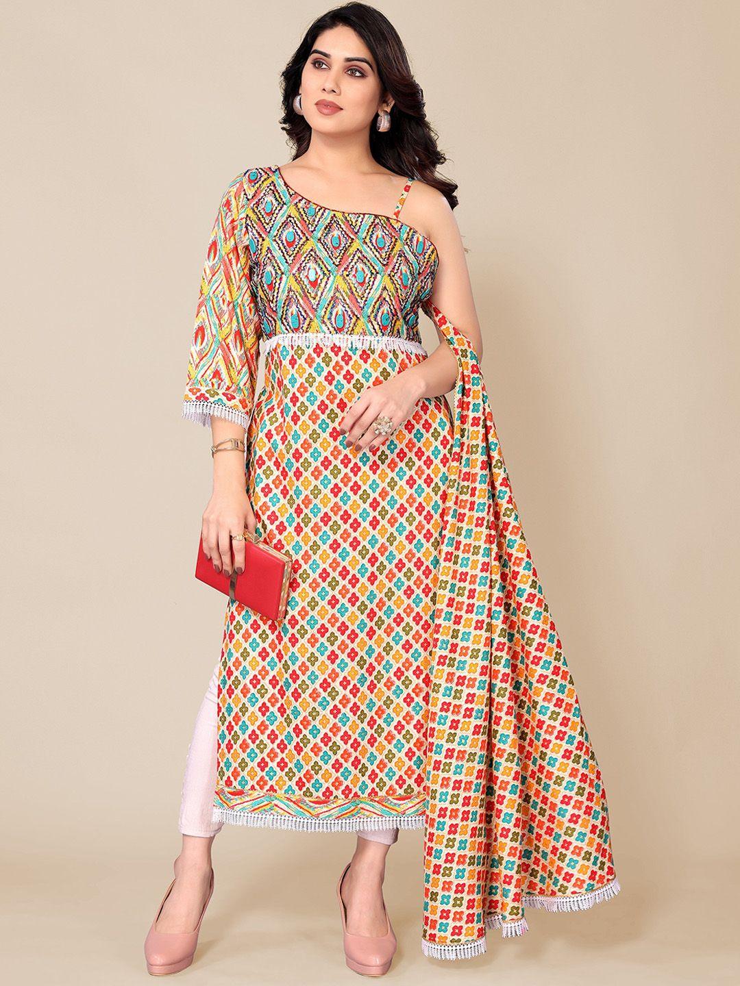 pyari - a style for every story women orange & blue floral embellished floral kurta