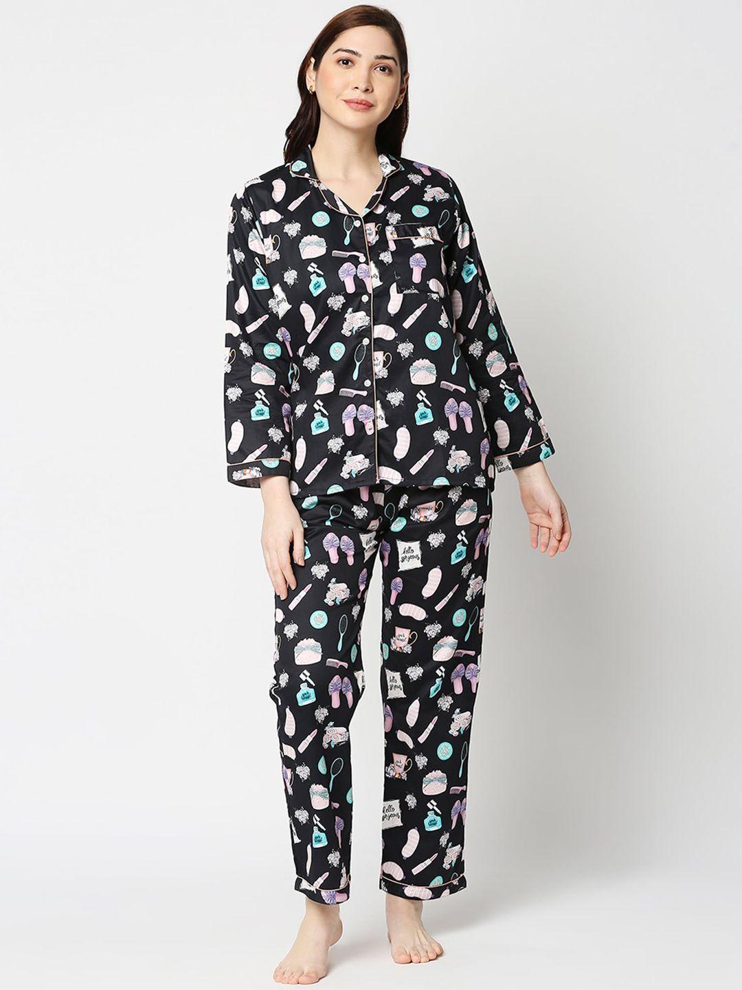 pyjama party women black & white printed night suit