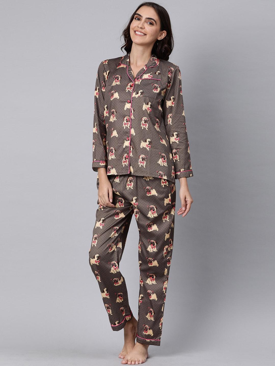 pyjama party women brown printed night suit
