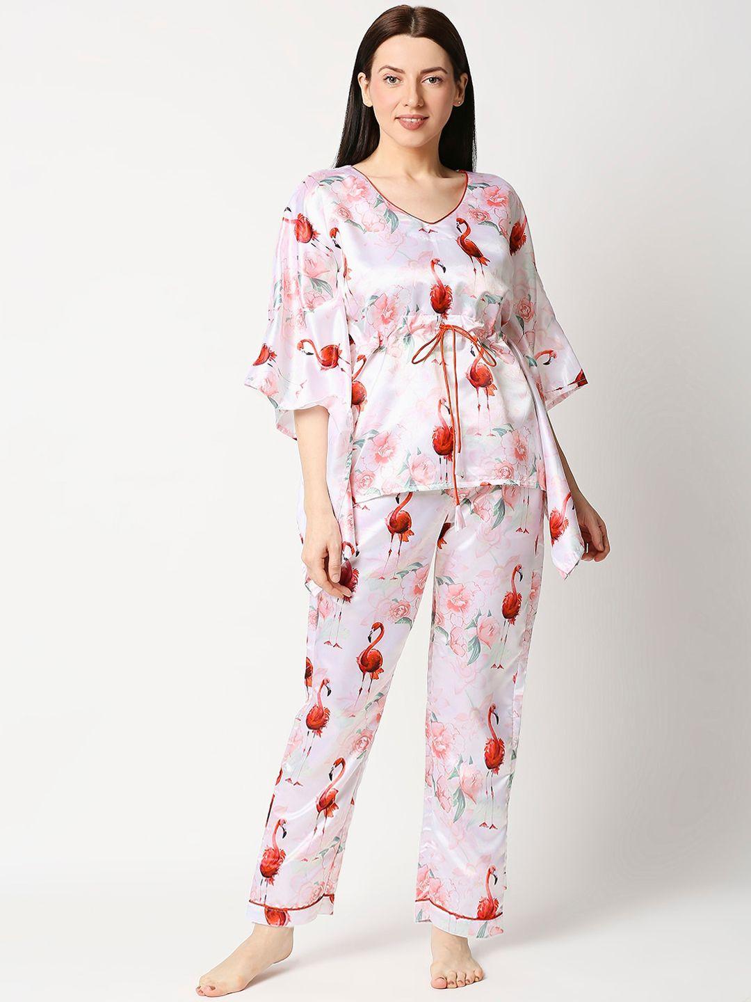 pyjama party women white & red floral printed satin kaftan night suit