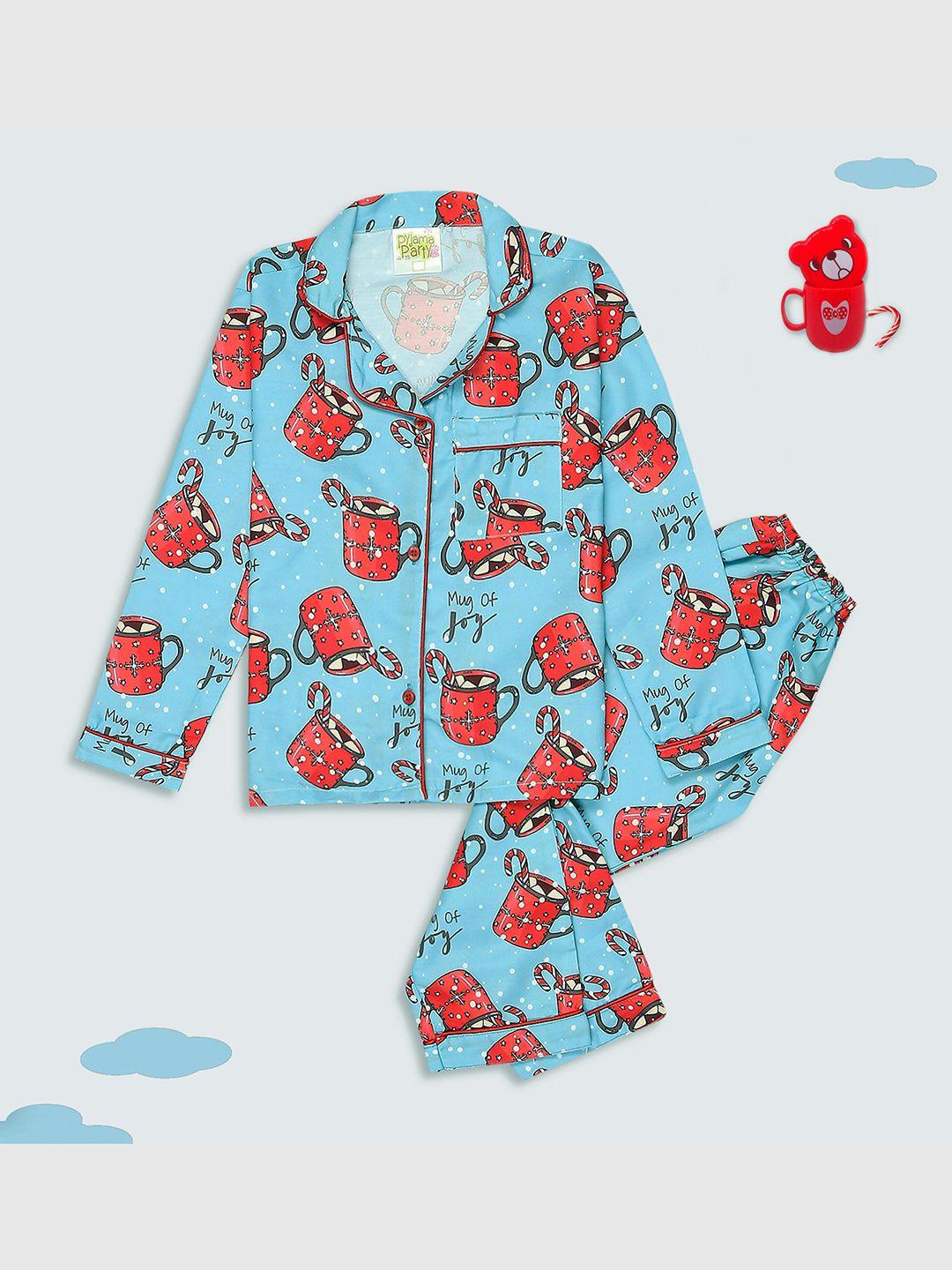pyjama party kids conversational printed cuban collar night suit