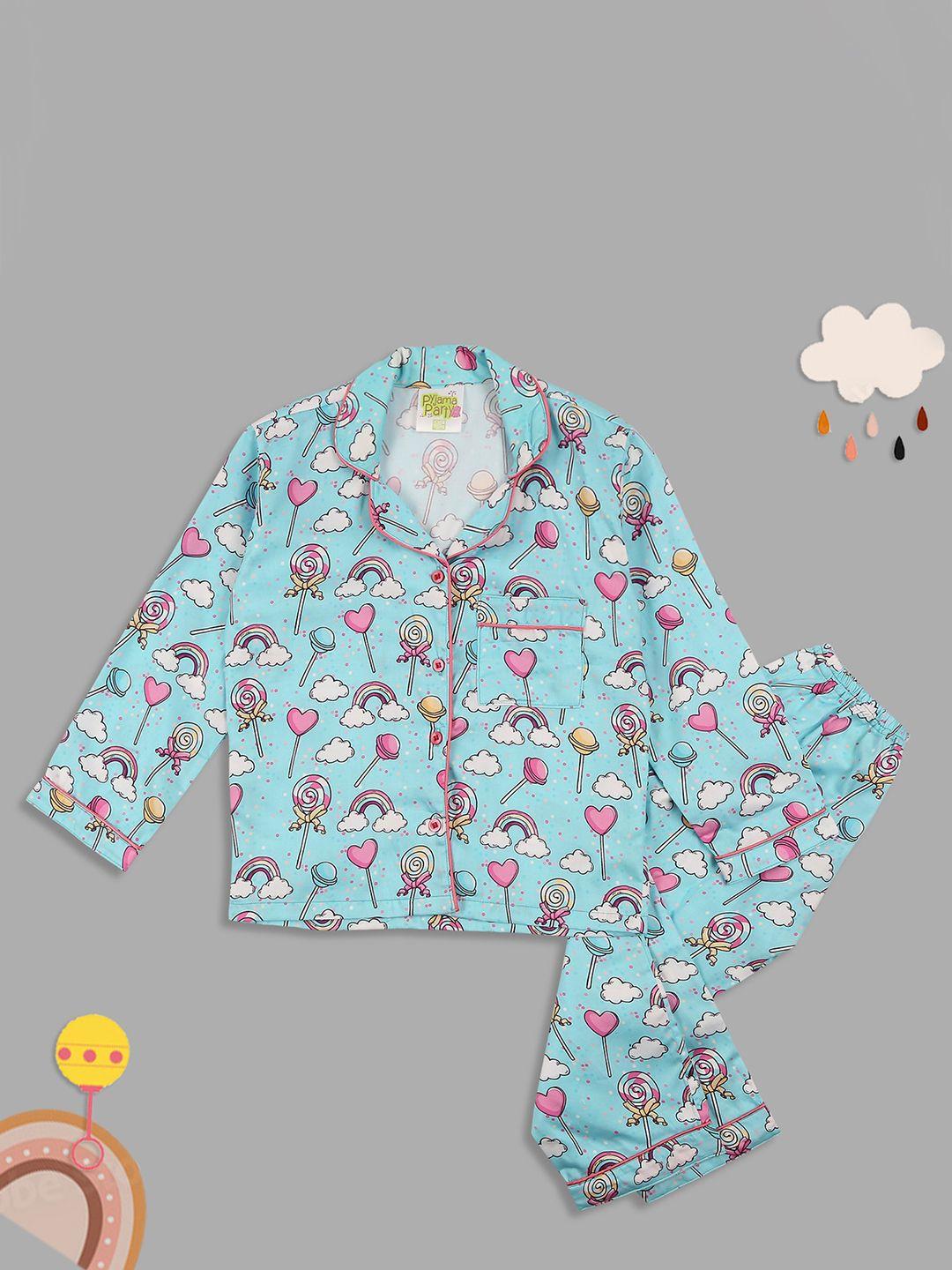 pyjama party unisex kids blue & pink printed night suit