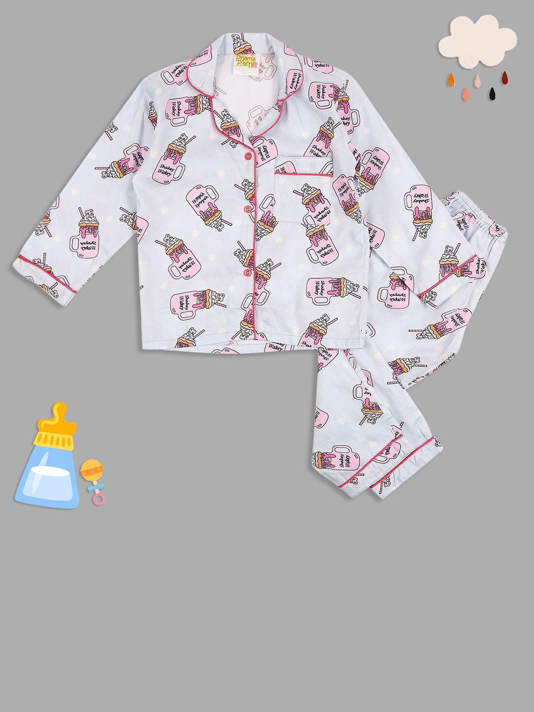 pyjama party unisex kids blue & pink printed night suit