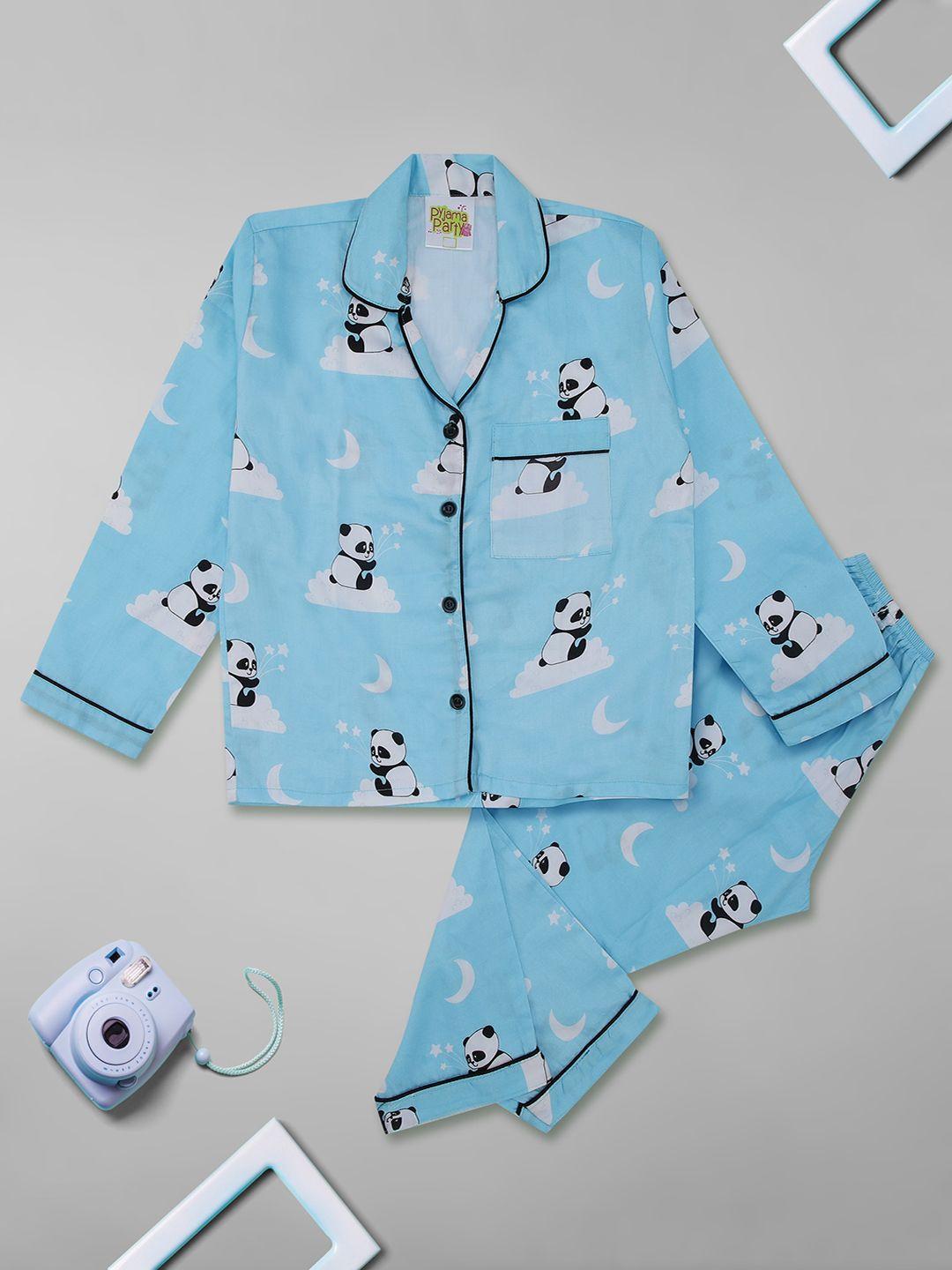 pyjama party unisex kids blue & white printed night suit