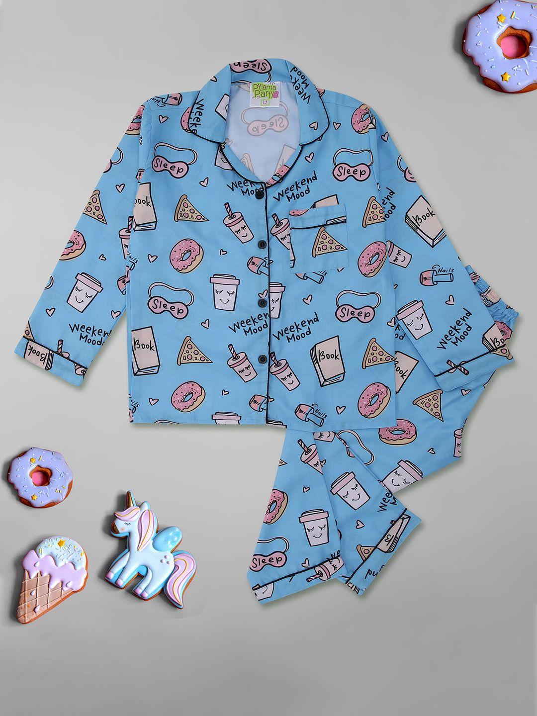 pyjama party unisex kids blue & white printed night suit