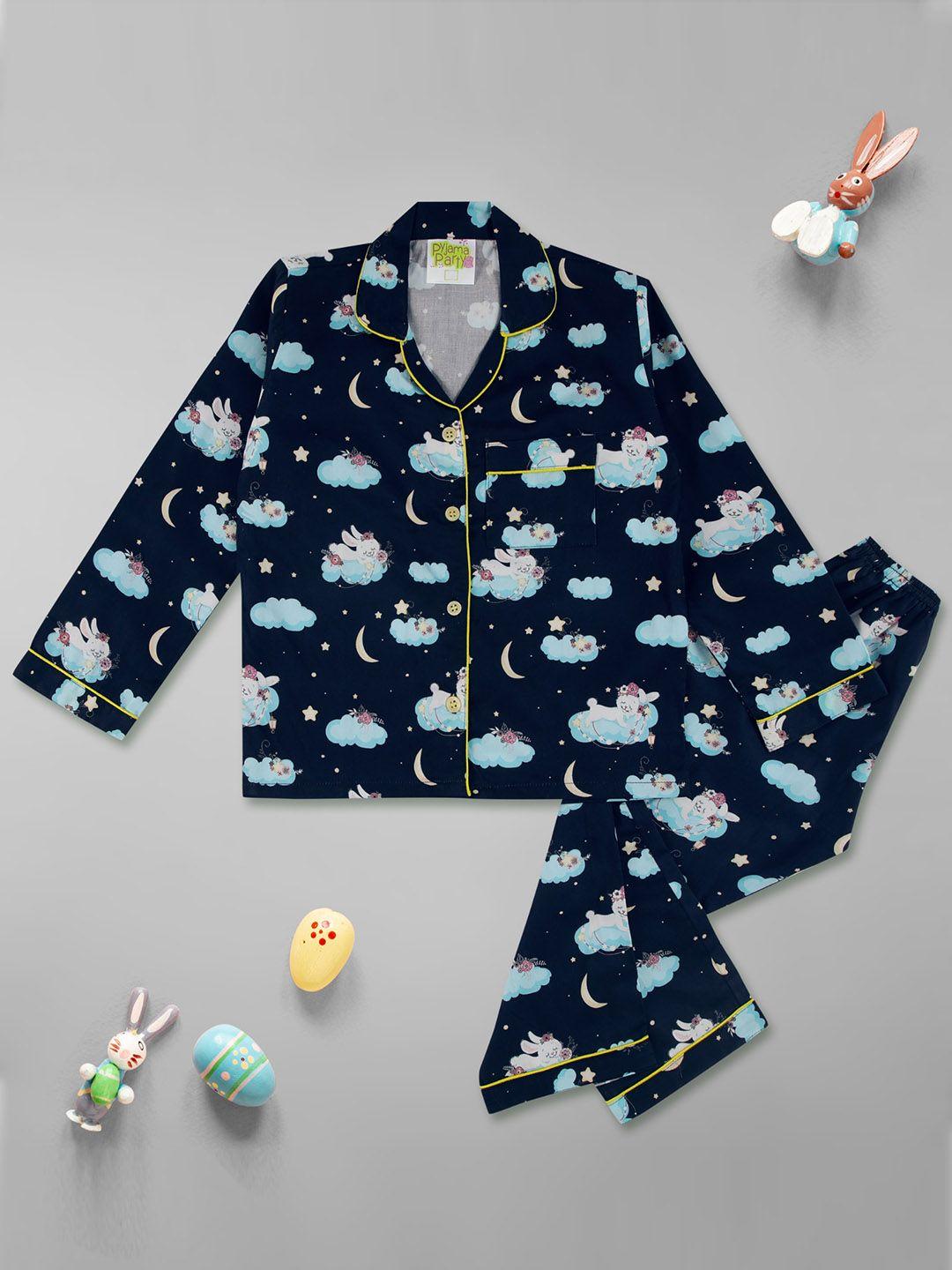 pyjama party unisex kids navy blue & blue printed night suit