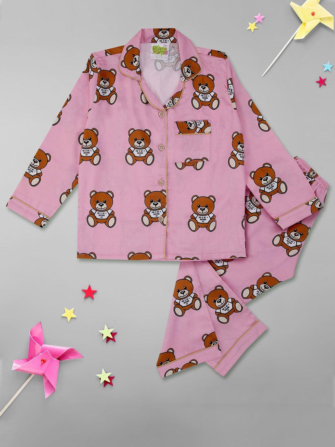 pyjama party unisex kids pink & brown printed night suit