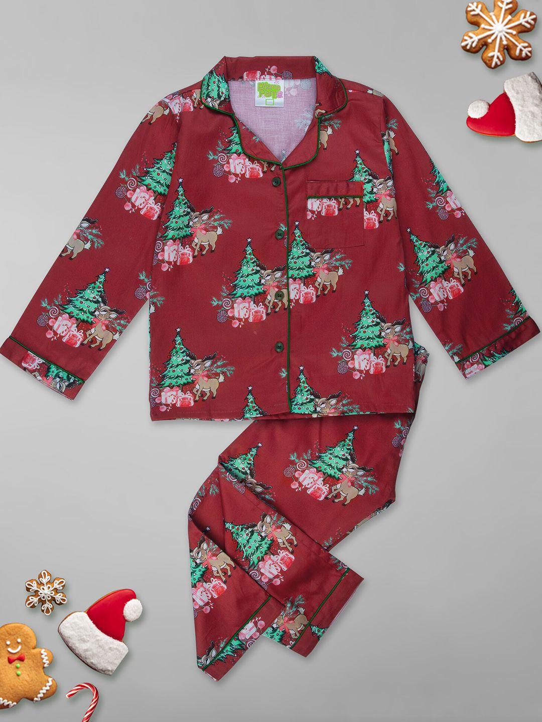 pyjama party unisex kids red & green printed night suit