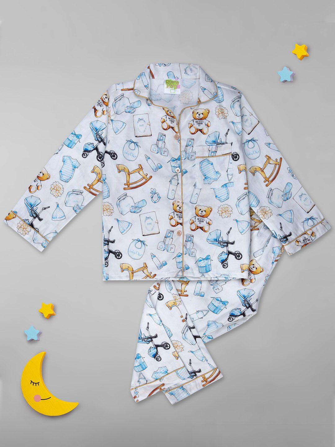 pyjama party unisex kids white & blue printed night suit