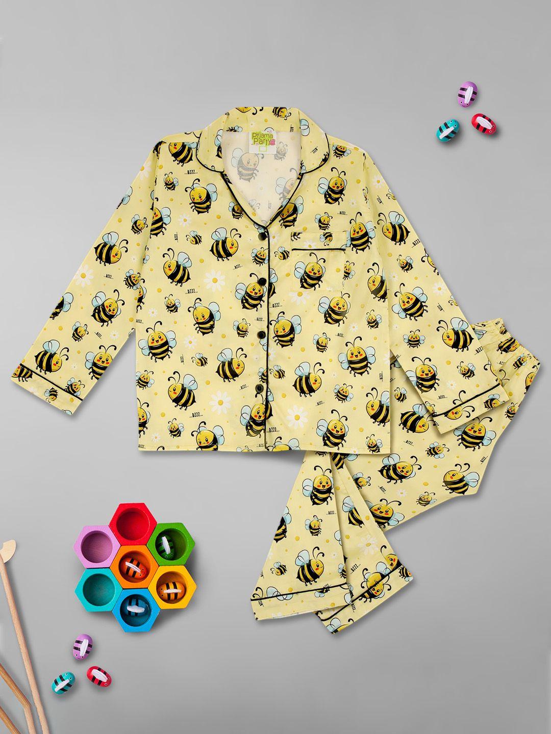 pyjama party unisex kids yellow & black printed night suit