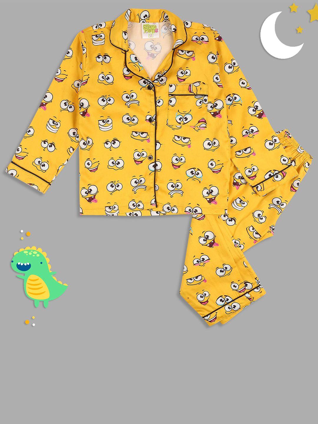 pyjama party unisex kids yellow & white printed night suit