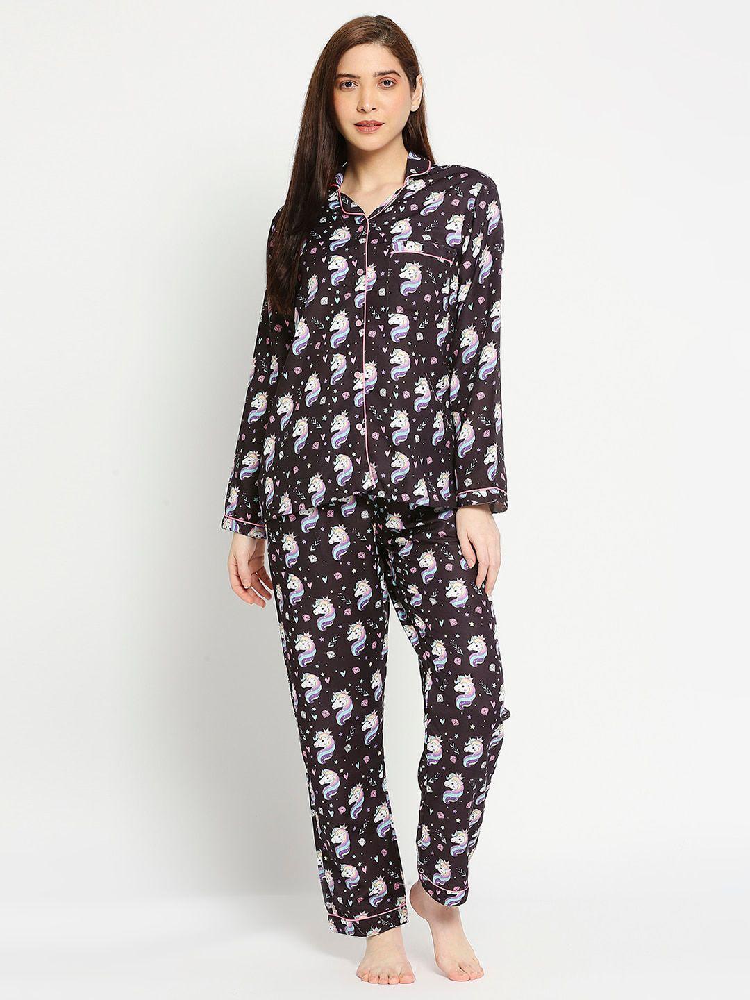 pyjama party women black & white printed pure cotton night suit