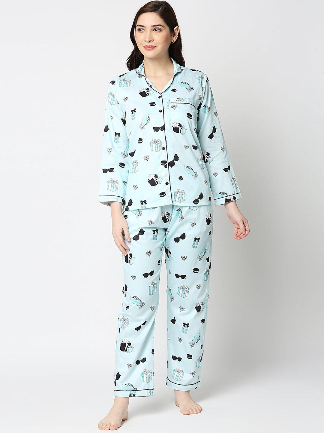 pyjama party women blue & black printed pure cotton night suit