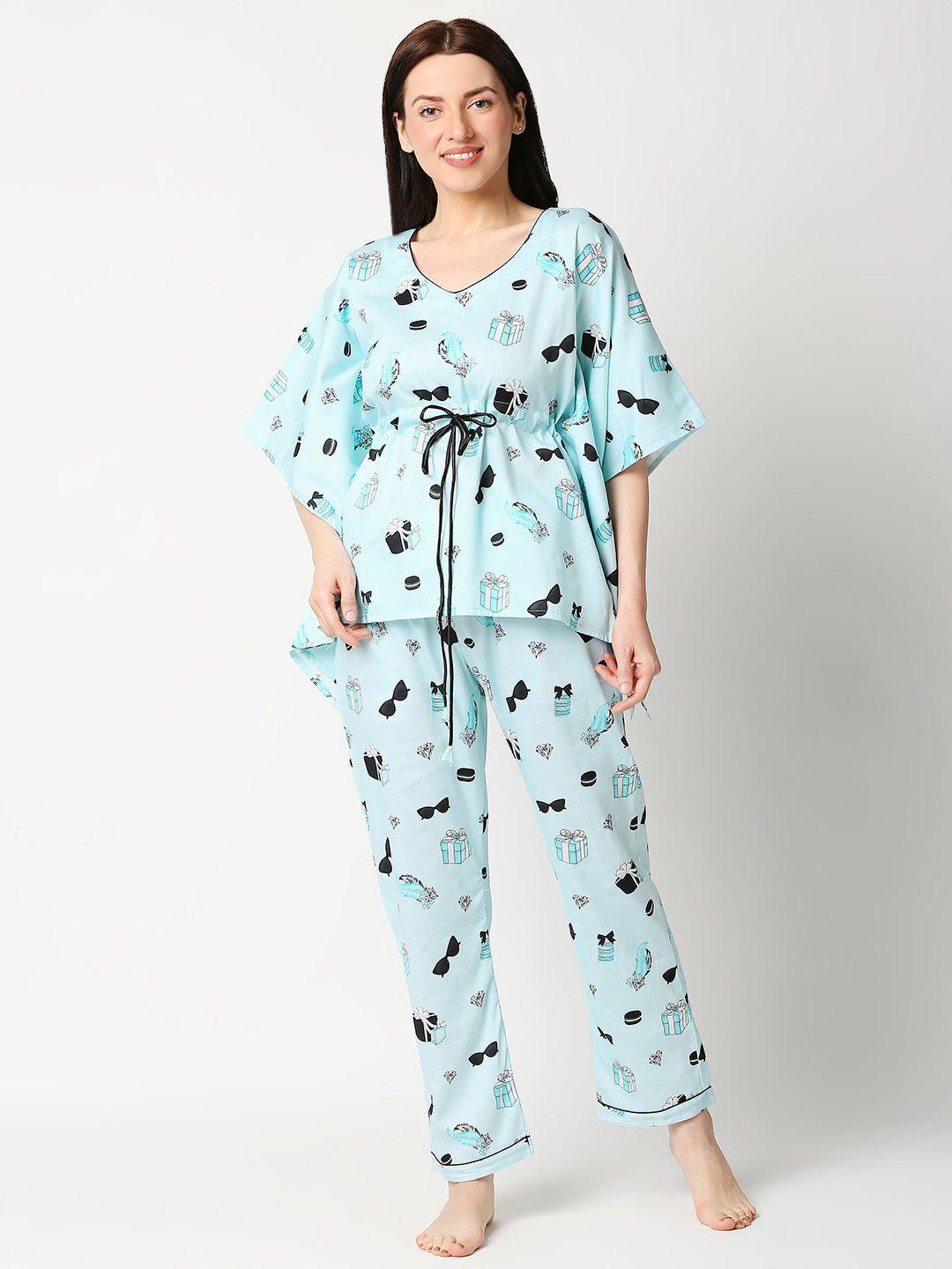 pyjama party women blue & black printed pure cotton night suit