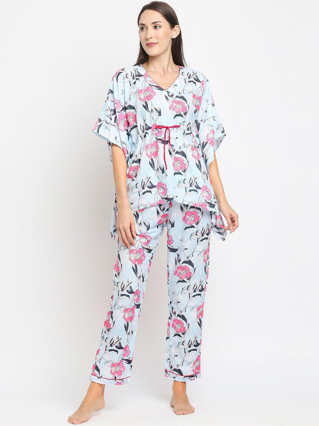 pyjama party women blue & pink floral printed night suit