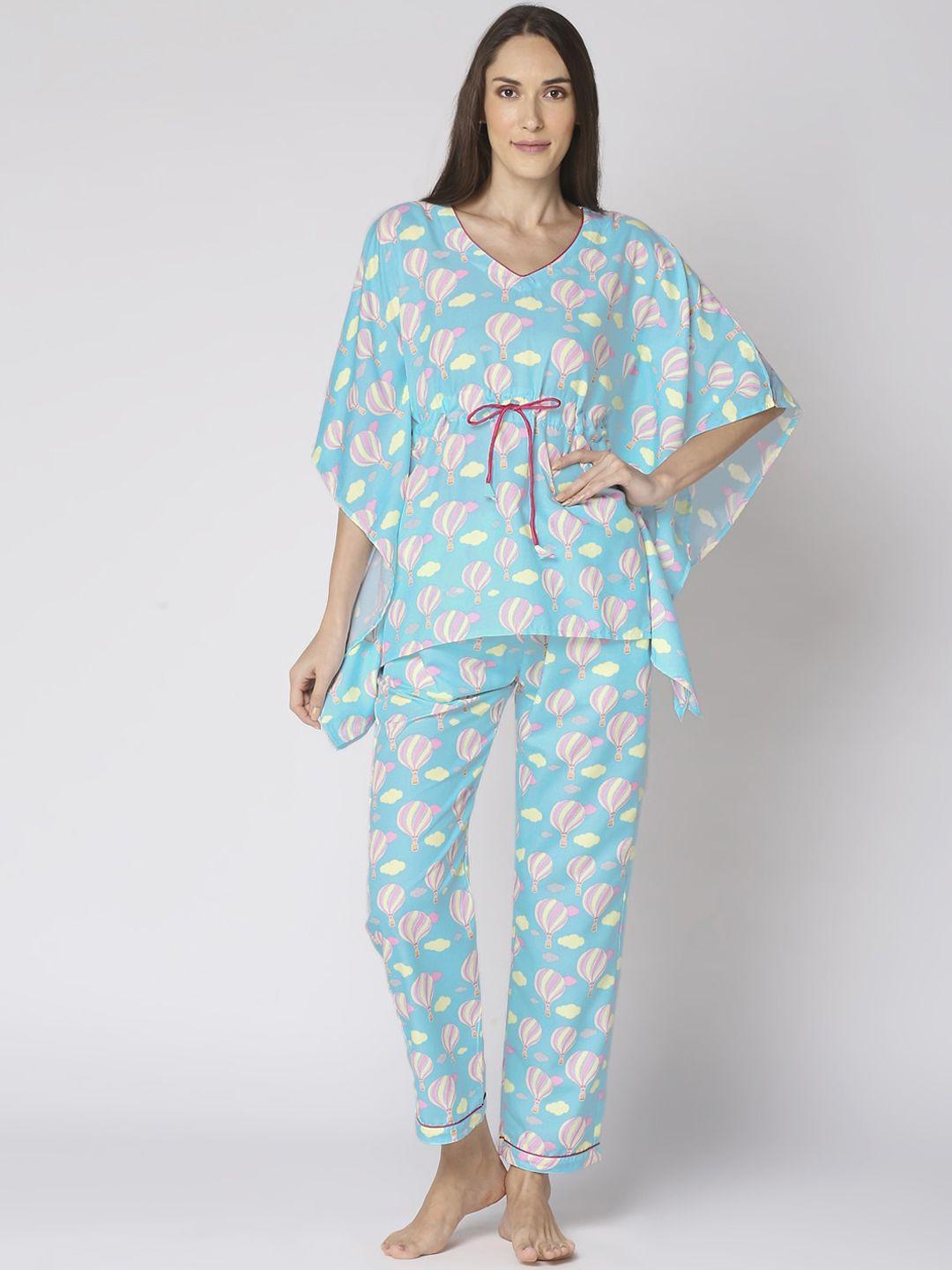 pyjama party women blue & pink printed night suit