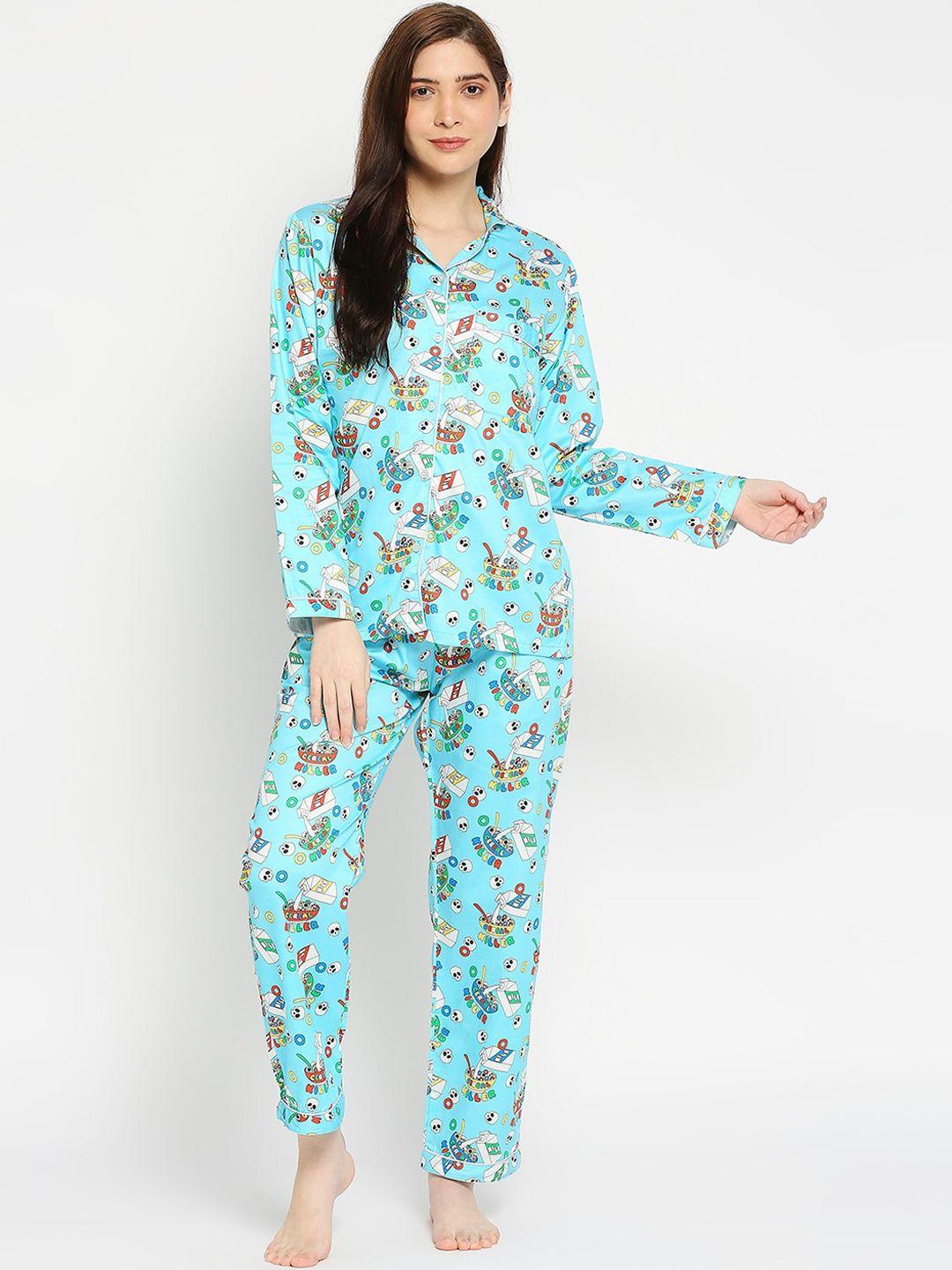 pyjama party women blue & white printed night suit