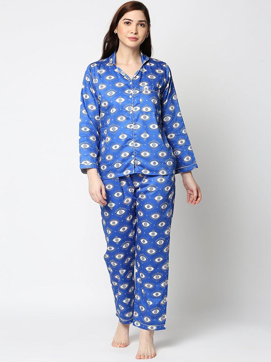 pyjama party women blue & white printed pure cotton night suit