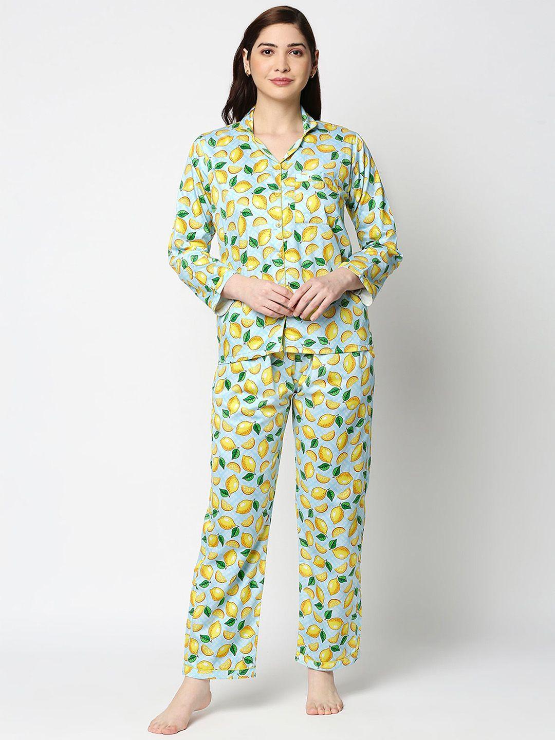 pyjama party women blue & yellow printed limencello night suit