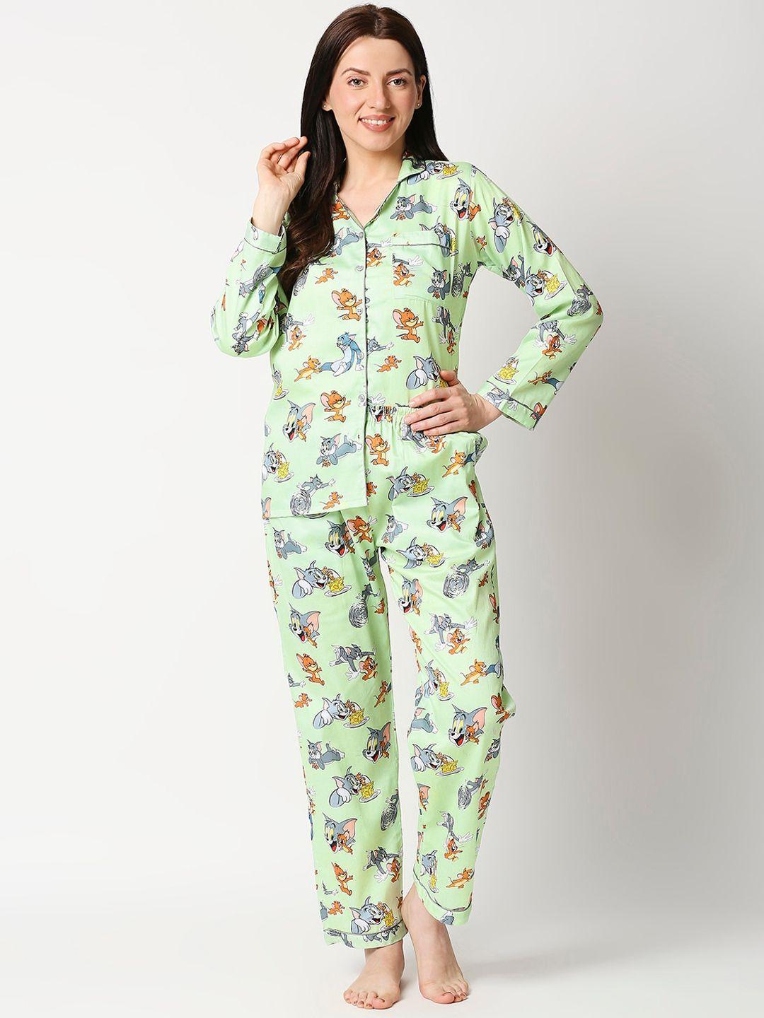 pyjama party women green & grey tom & jerry printed night suit