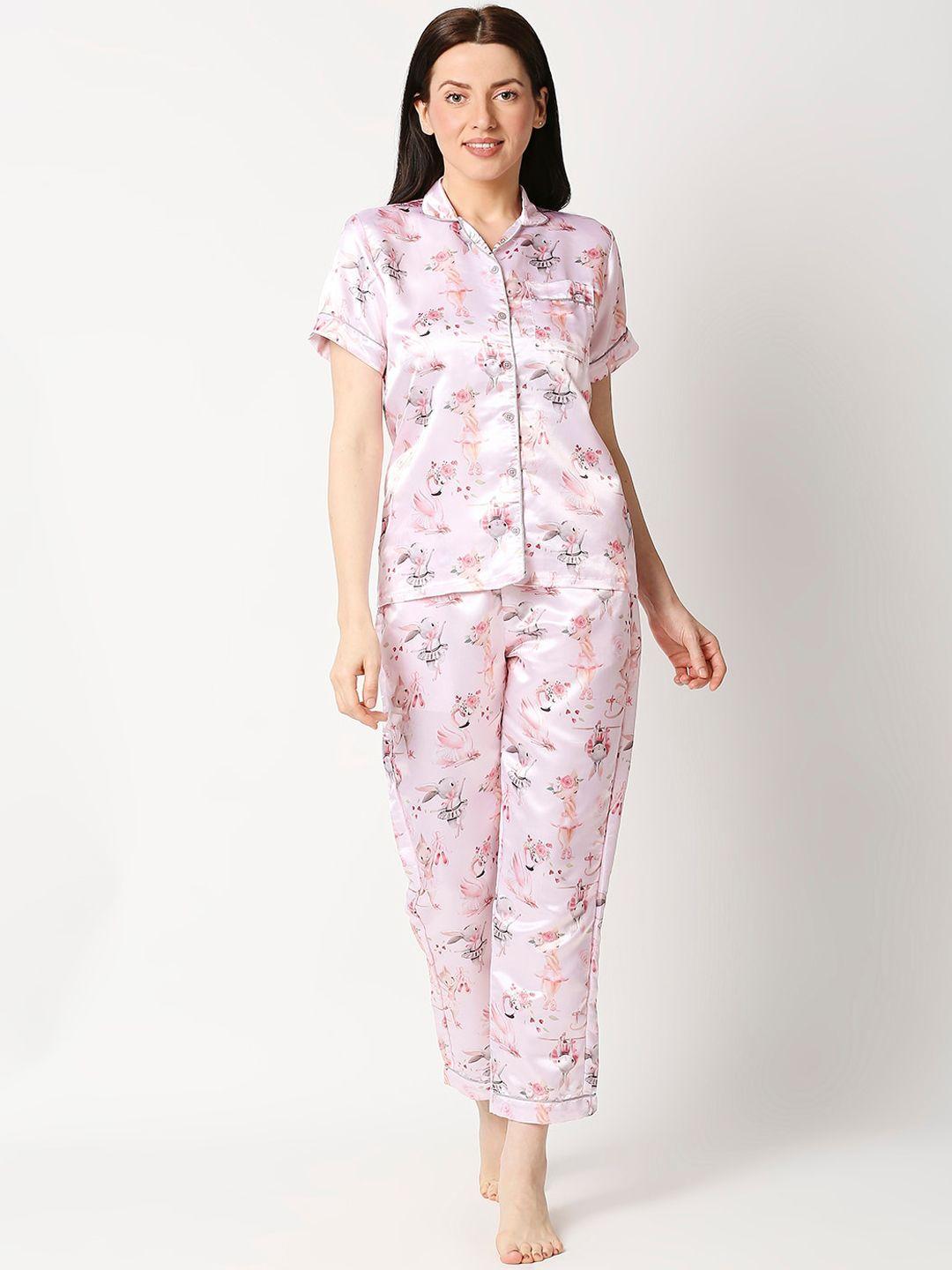 pyjama party women pink & black printed night suit