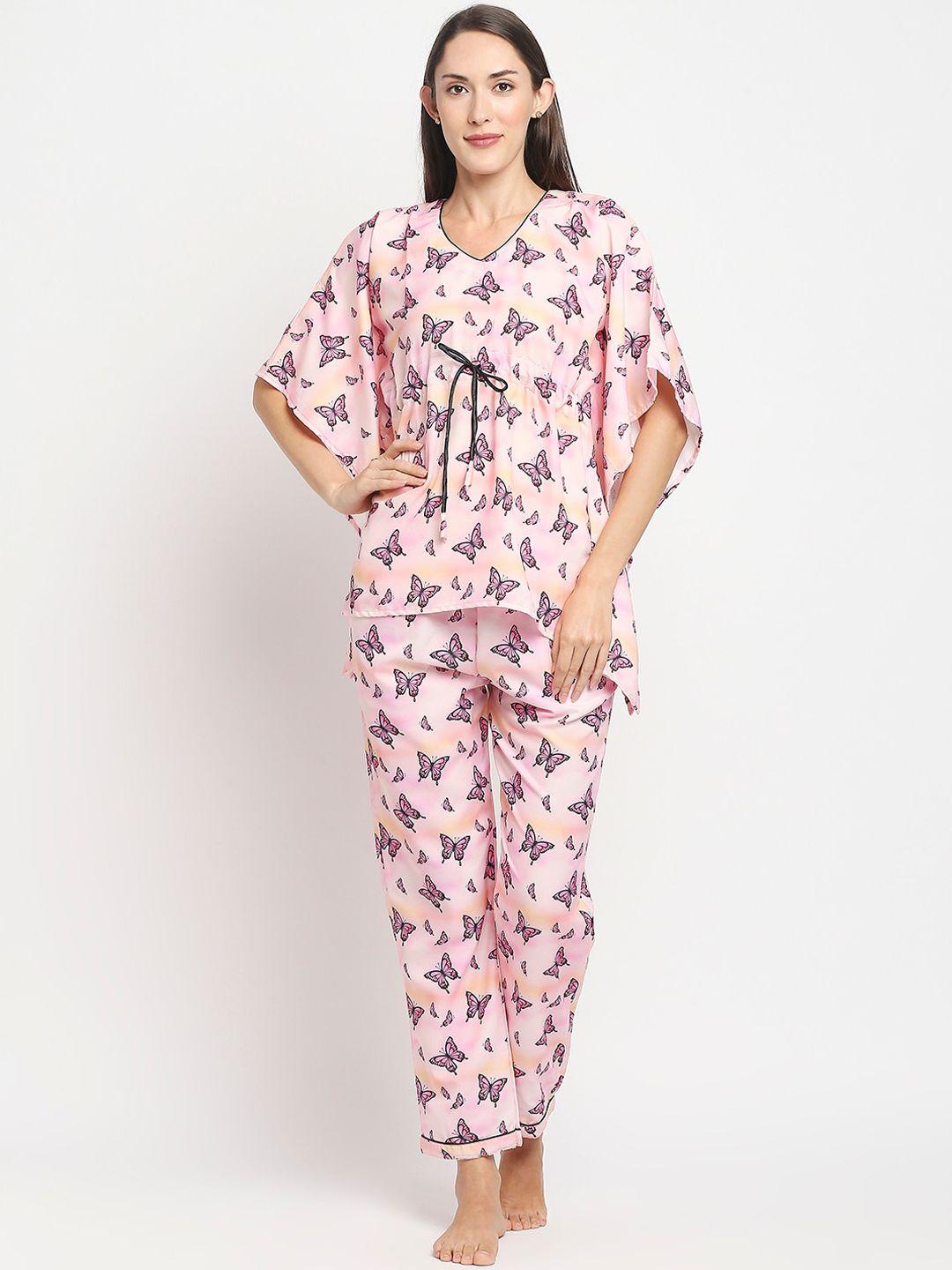 pyjama party women pink & black printed night suit