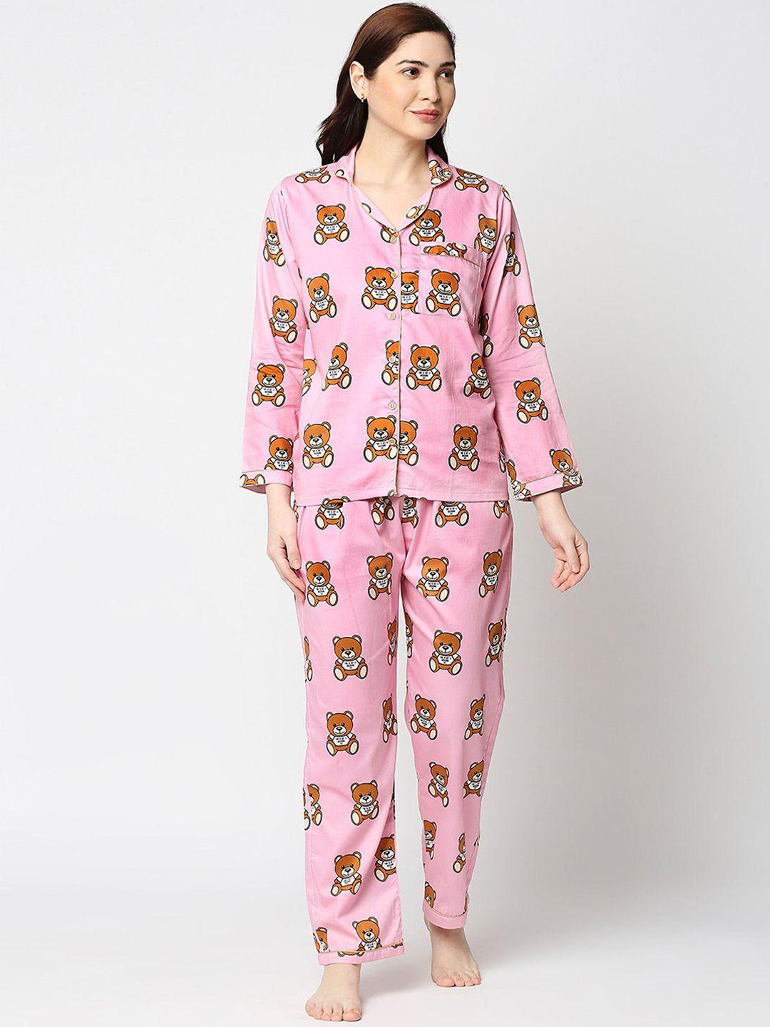 pyjama party women pink & brown printed night suit