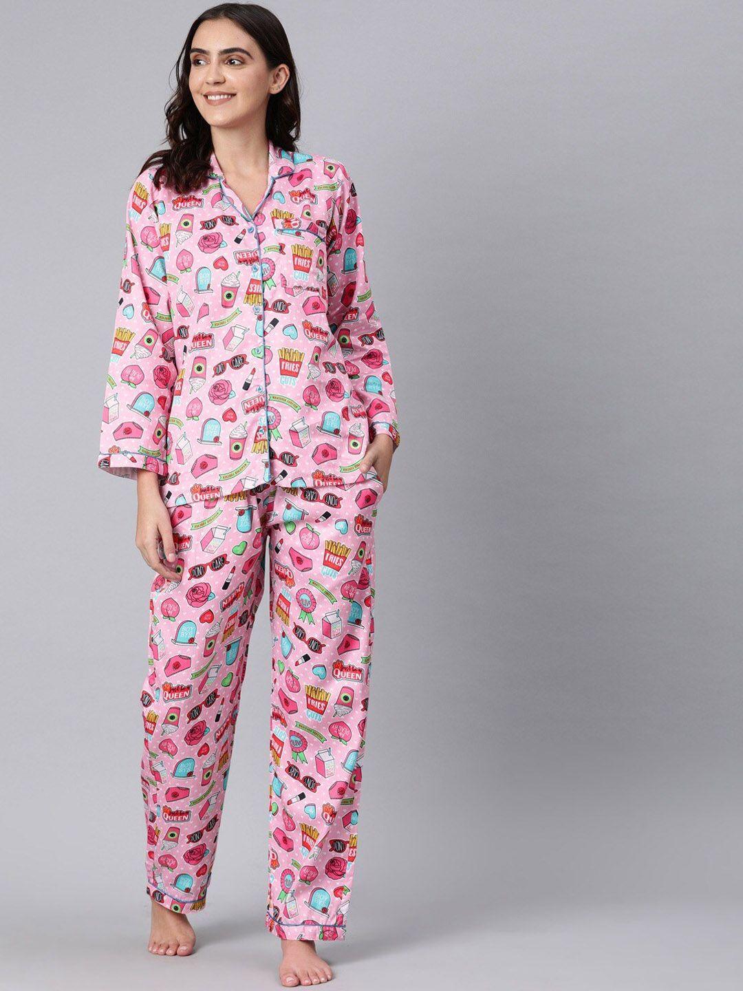 pyjama party women pink & red conversational printed pure cotton night suit