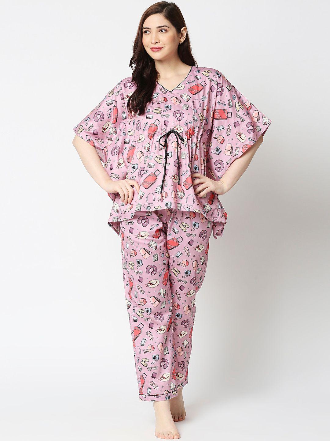 pyjama party women purple & red printed cotton night suit