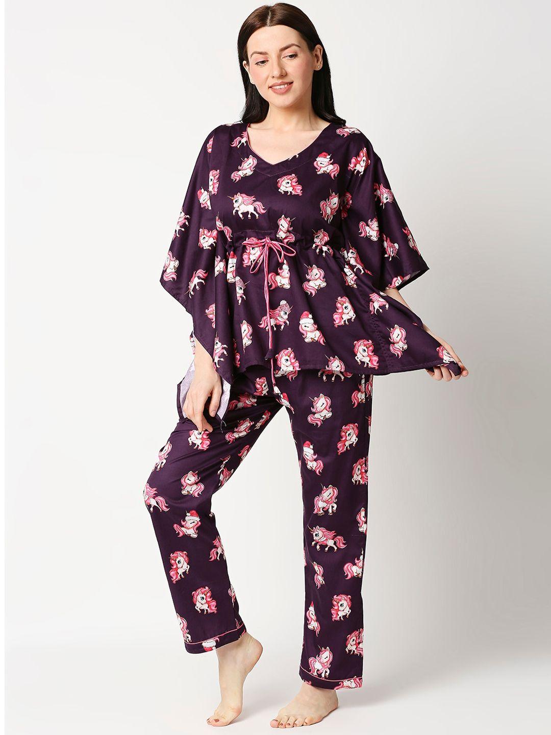 pyjama party women purple & white printed pure cotton night suit