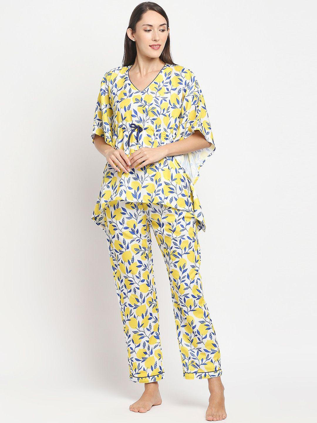 pyjama party women white & yellow printed night suit