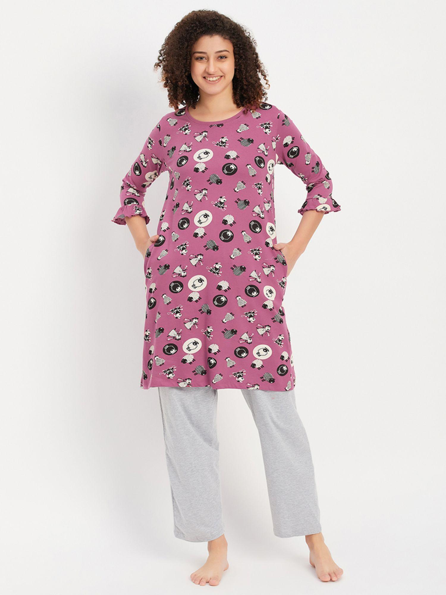 pyjama with elastic waistband & sheep print short night dress (set of 2)