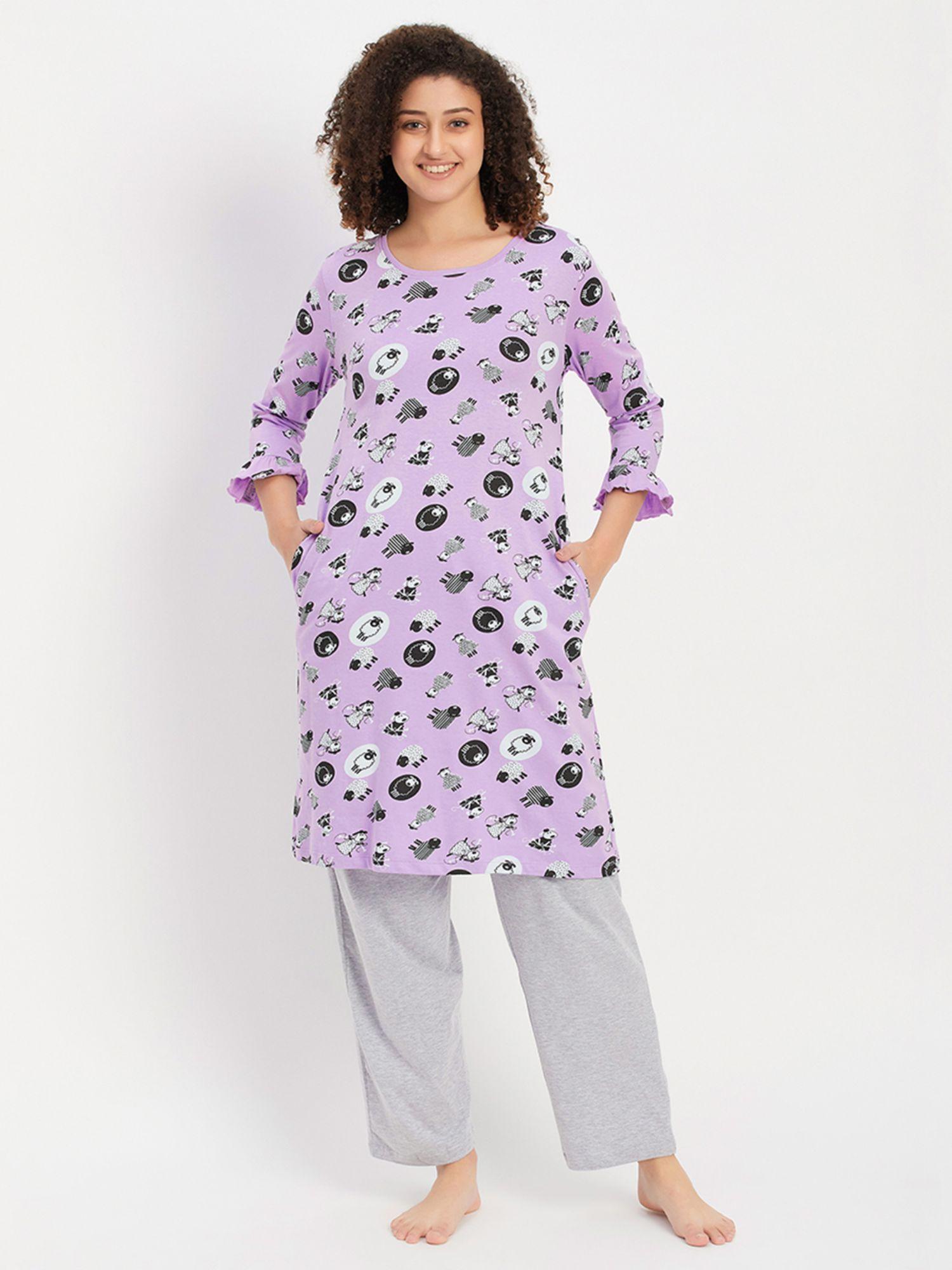 pyjama with elastic waistband & sheep print short night dress (set of 2)