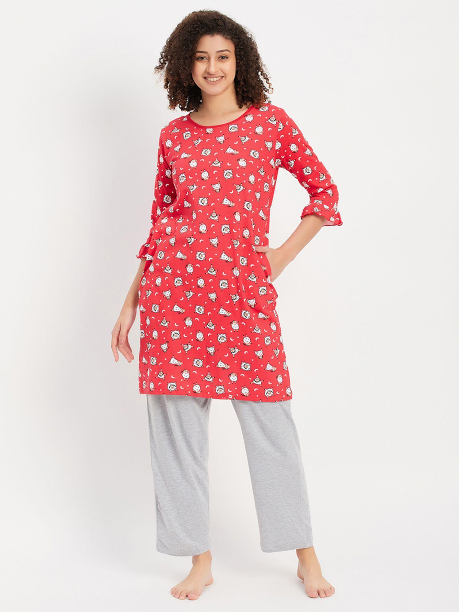 pyjama with elastic waistband & sheep print short night dress (set of 2)